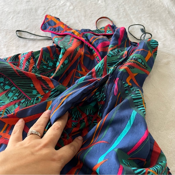 Vintage 80s Rare Joseph Magnin Palm Leaf Lace Up Back Midi Dress - Picture 6 of 10